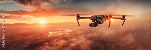 A drone with cameras and lights flying over the red desert, with dust clouds rising from below. The sun is setting in the background, casting long shadows on the rugged terrain. High-resolution photog photo