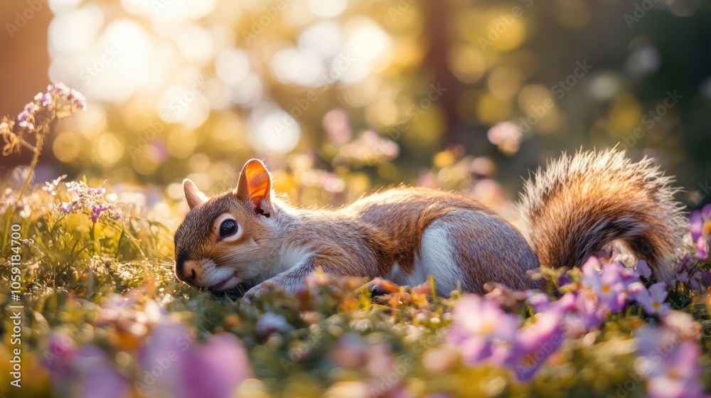 Squirrel lying on grass with purple and pink flowers around, calm expression in natural daylight with soft shadows Squirrel lying on grass with purple and pink flowers around, calm expression in natural daylight with soft shadows