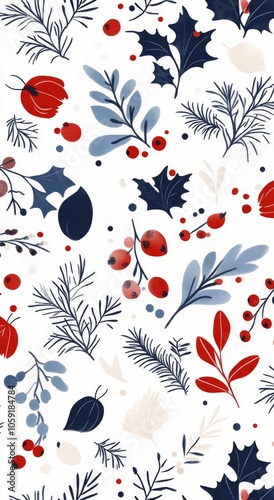Colorful winter-themed pattern featuring birds, foliage, and ornaments in var...