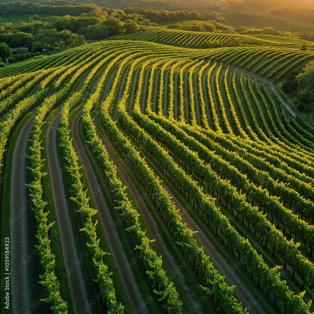 Lush green vineyards stretch across rolling hills, showcasing perfectly aligned rows of grapevines under warm sunset glow. landscape exudes tranquility and natural beauty Lush green vineyards stretch across rolling hills, showcasing perfectly aligned rows of grapevines under warm sunset glow. landscape exudes tranquility and natural beauty