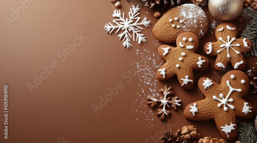 Gingerbread cookies and festive decorations on wooden table during winter season