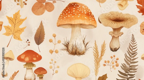 Various mushroom species surrounded by autumn foliage 2D illustration. Cozy design of fungus flat cartoon image colorful screensaver. Fall leaves woodland nature wallpaper art