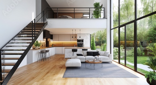 Modern living room and kitchen blend in a bright, open-concept home surrounde...