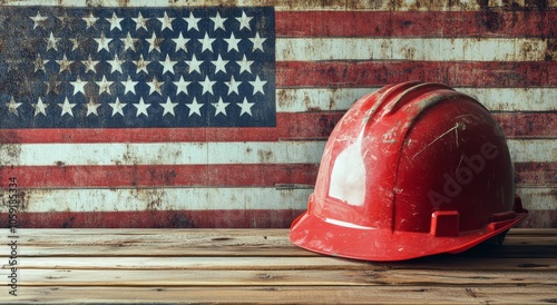 Red hard hat resting on a wooden table in front of an American flag backdrop ...
