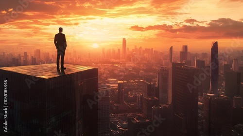 Business Leader Overlooking Futuristic City Skyline at Sunset Symbolizing Vision and Ambition