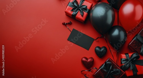 Black balloons and red gifts create a festive atmosphere for a celebration on...