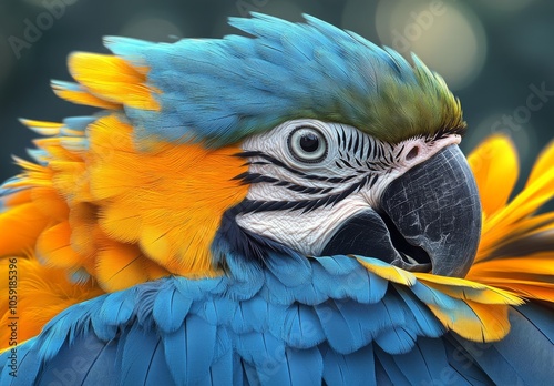 Vibrant blue and yellow macaw perched amidst bright tropical foliage in a lus...
