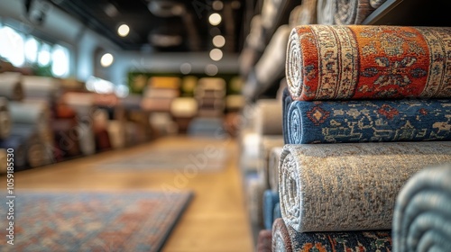 Colorful area rugs neatly rolled in a spacious home decor store showcasing va...