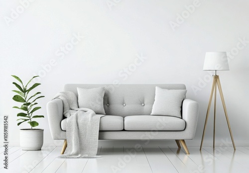 Cozy modern living room setup with a gray sofa and stylish floor lamp in a mi...