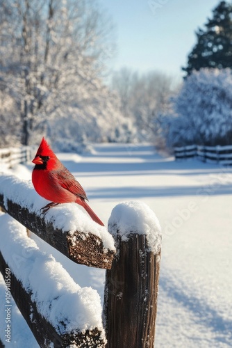Bright red cardinal perched on a snow-covered fence in a winter landscape dur...
