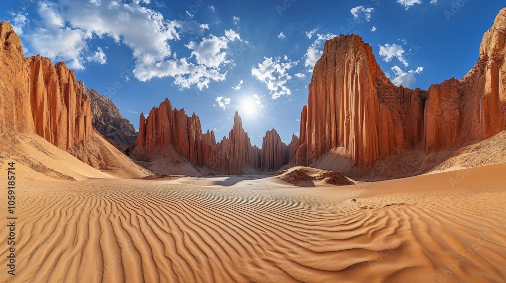 Naklejka premium Expansive Desert Landscape with Majestic Mountains and Clean Background