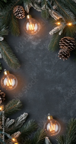 Decorative pine branches with warm lights and pine cones create a cozy holida...