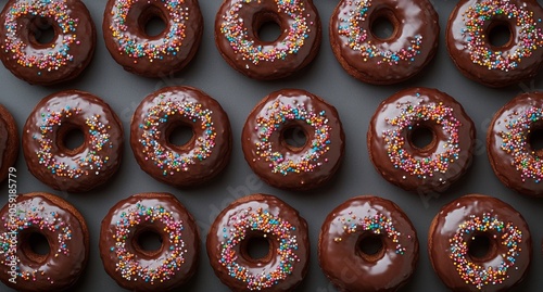 Freshly baked chocolate donuts arranged neatly on a white background with col...