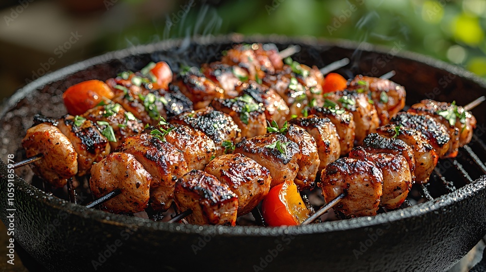 Grilled Kebabs on Barbecue with Vegetables