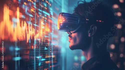 Virtual Reality Business Leader Exploring Futuristic Financial Data and Making Strategic Decisions