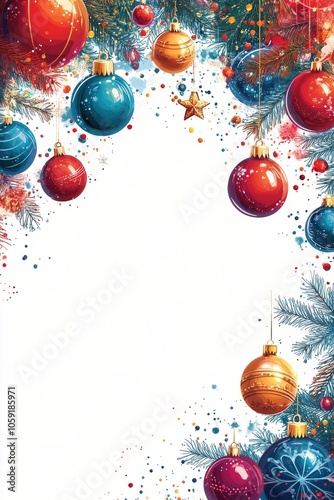 Festive border of colorful Christmas ornaments and stars on a white background