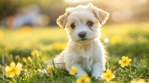Fototapeta Naklejka Na Ścianę i Meble -  Cute small puppy sitting on grass surrounded by yellow flowers with a curious expression, illuminated by natural daylight