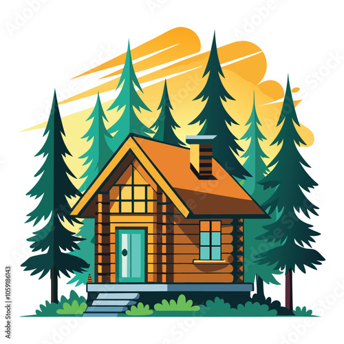 vector hunting cabin in the woods in ontario on white background