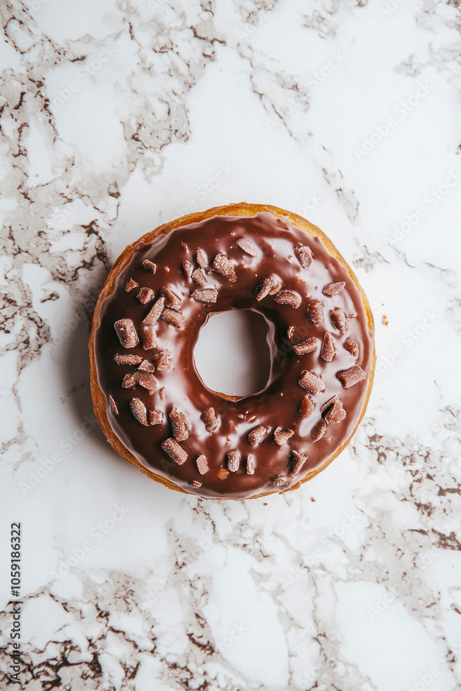 Vertical Chocolate glazed donut overhead view flat lay.