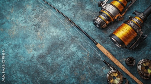 Fishing gear arranged on a textured blue surface with reels and rods prepared...