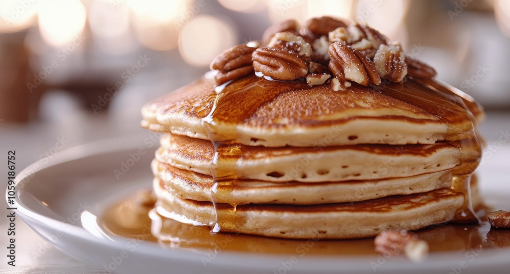 Delicious stack of fluffy pancakes topped with pecans and syrup on a rustic table Delicious stack of fluffy pancakes topped with pecans and syrup on a rustic table