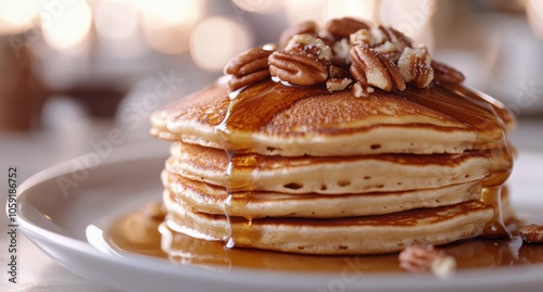 Delicious stack of fluffy pancakes topped with pecans and syrup on a rustic t...