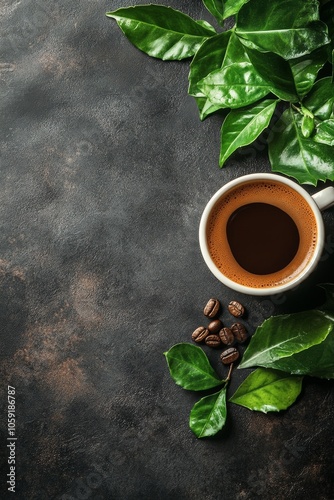 Warm cup of freshly brewed coffee surrounded by coffee beans and green leaves...