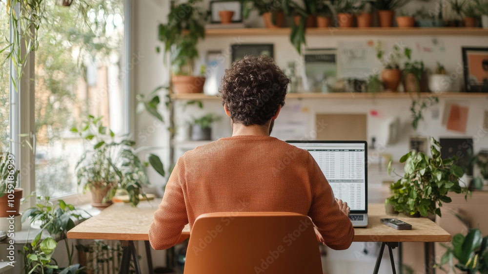 A person working at desk surrounded by indoor plants, focused on laptop screen. cozy atmosphere is enhanced by greenery, creating serene workspace A person working at desk surrounded by indoor plants, focused on laptop screen. cozy atmosphere is enhanced by greenery, creating serene workspace
