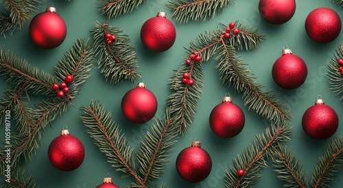 Decorative red ornaments and pinecones arranged on green foliage during the h...