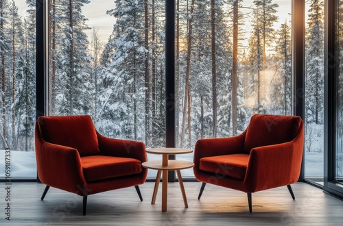 Cozy red chairs by a snowy forest view in a modern cabin during winter