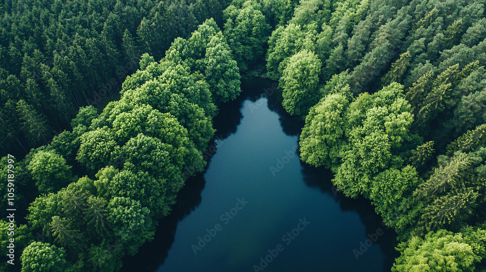 aerial view of a forest lake with lush green trees and clear blue water