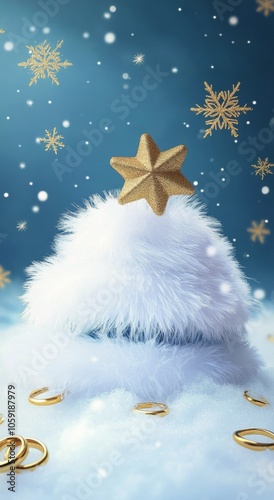Winter holiday decoration featuring a white Santa hat amidst festive ornament...