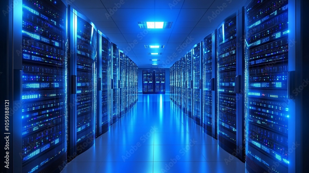 A high-tech server room illuminated in blue light, showcasing rows of storage units and a sleek, modern design. A high-tech server room illuminated in blue light, showcasing rows of storage units and a sleek, modern design.