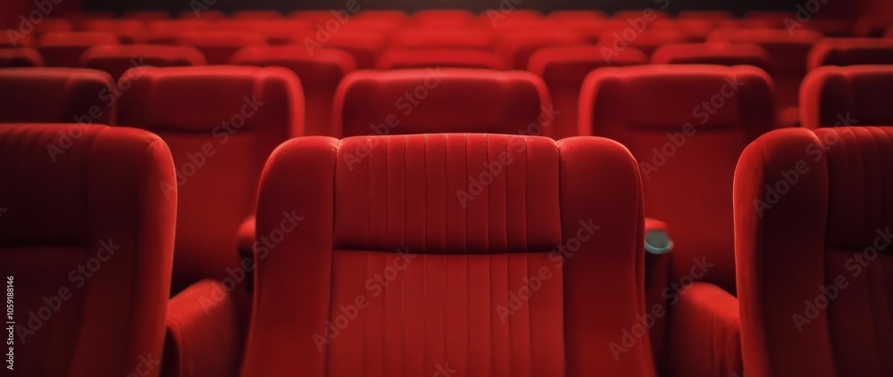 Obraz premium Empty red theater seats await moviegoers in a dimly lit cinema setting