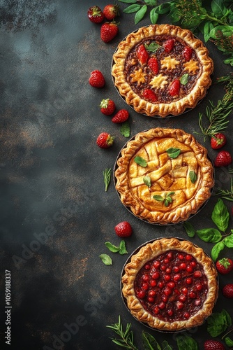 Delicious assortment of fruit and cream pies arranged artistically on a dark ...