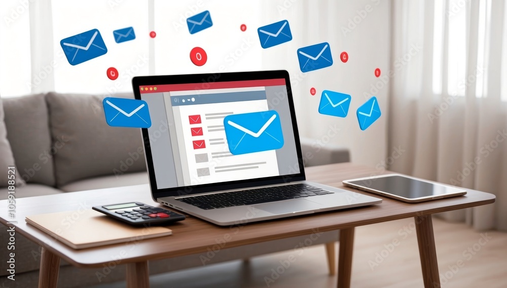 Laptop with Floating Email Icons on a Table Laptop with Floating Email Icons on a Table