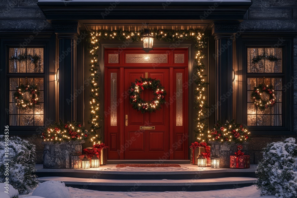 3D rendering of a festive Christmas decoration on a front door with garland and wreath, surrounded by lights on red wooden doors for a holiday celebration. 3D rendering of a festive Christmas decoration on a front door with garland and wreath, surrounded by lights on red wooden doors for a holiday celebration.