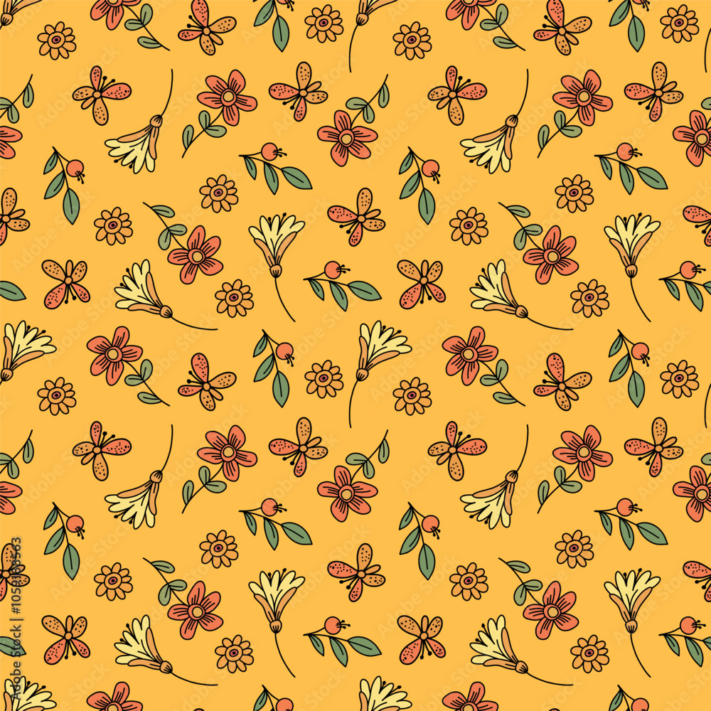 A pattern of small flowers and leaves. Seamless fabric background with a bohemian pattern in the form of small flowers. A pattern of small flowers and leaves. Seamless fabric background with a bohemian pattern in the form of small flowers.
