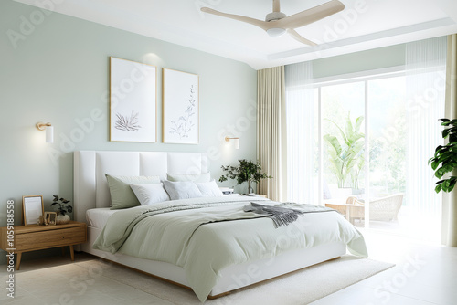 A serene bedroom featuring light green color scheme, comfortable bed with soft bedding, and large windows allowing natural light. space is adorned with plants and minimalist decor, creating calming at