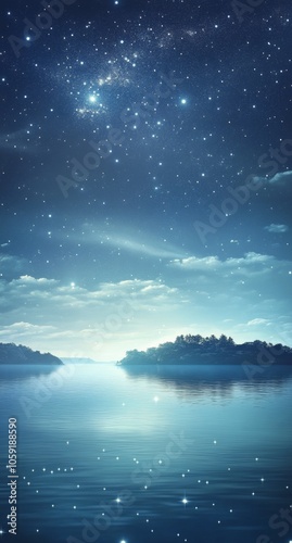 Night sky filled with stars over tranquil water and distant mountains at twil...