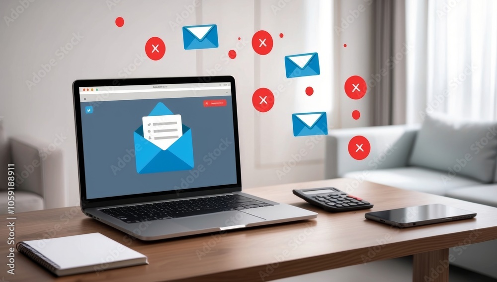 Laptop with Blue Email Icon and Red X Marks Indicating Spam Laptop with Blue Email Icon and Red X Marks Indicating Spam