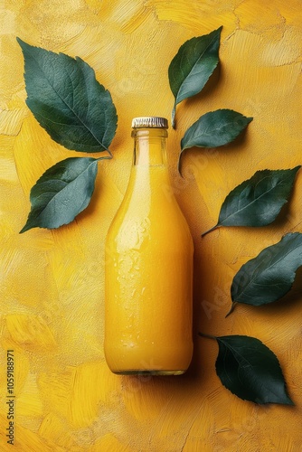 Freshly squeezed juice in a glass bottle surrounded by vibrant plants in sunl...