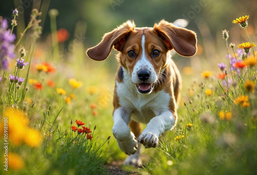 Joyful Beagle Running in a Colorful Flower Meadow