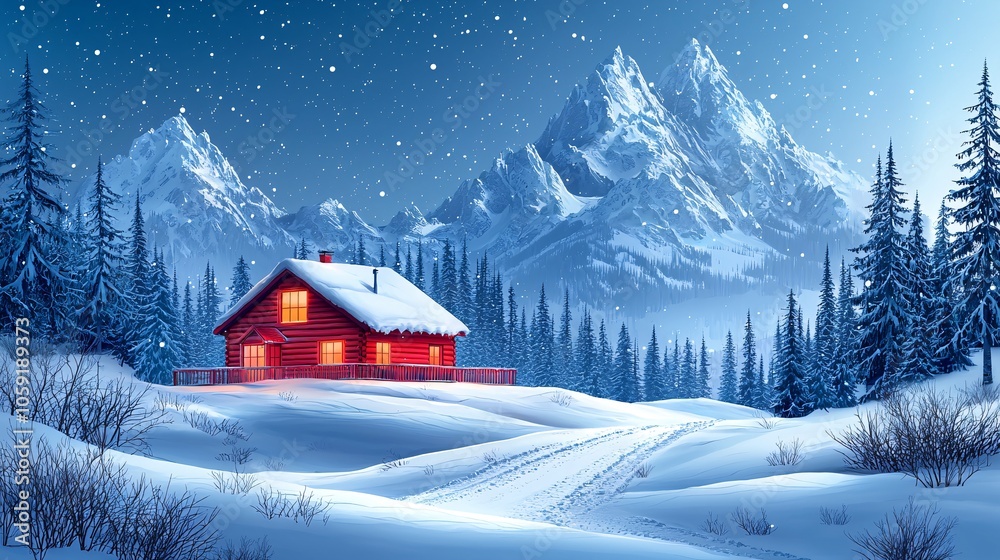 Naklejka premium Cozy Red Cabin in Snowy Mountain Landscape