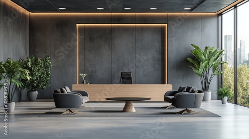 Modern office interior with a minimalist design and large windows in an urban...