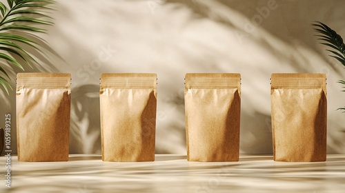 Four kraft paper bags are arranged neatly on a wooden surface, with soft shadows cast by surrounding greenery and a light wall.