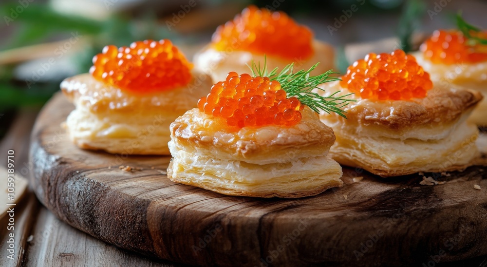 Delicious puff pastries topped with vibrant orange caviar on a rustic wooden platter Delicious puff pastries topped with vibrant orange caviar on a rustic wooden platter