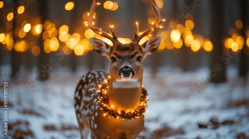A deer adorned with lights stands amidst a winter wonderland filled with glow...