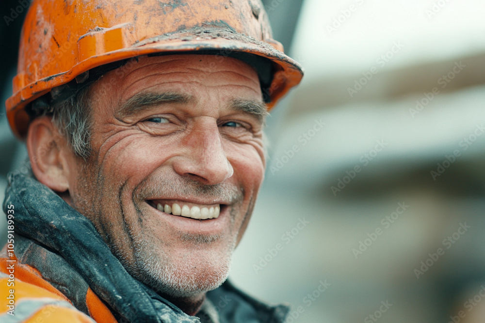 Happy construction worker in bright gear at a job site Happy construction worker in bright gear at a job site