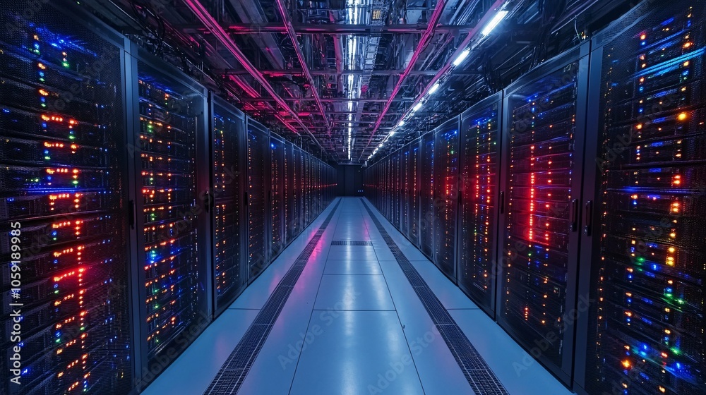 A dark corridor filled with rows of glowing servers, illuminated by colorful lights, creating a futuristic data center atmosphere. A dark corridor filled with rows of glowing servers, illuminated by colorful lights, creating a futuristic data center atmosphere.